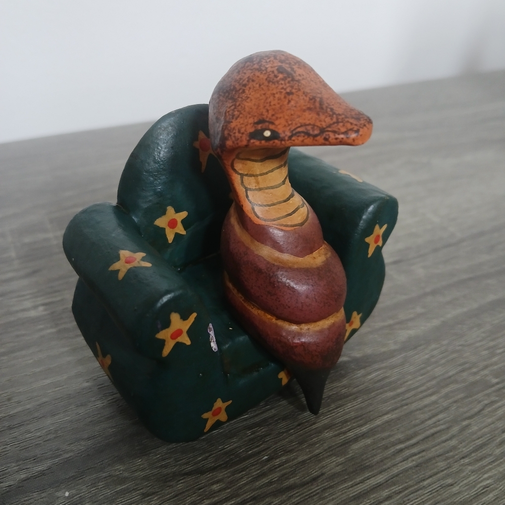Folk Art Cobra Snake Figurine on Chair Wooden Handpainted Shelf Sitter